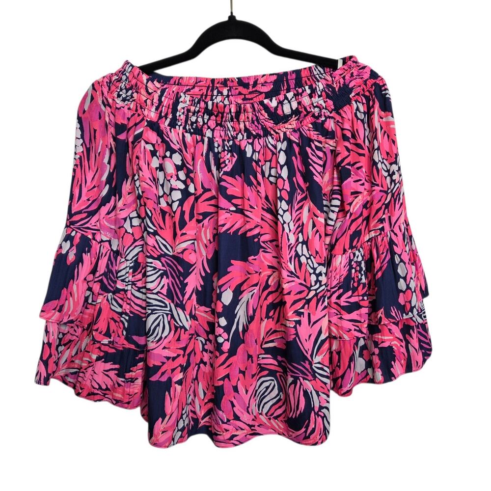 Lilly Pulitzer Tobyn Top‎ Womens XS Off The Shoulder Pink Floral 3/4 Sleeve